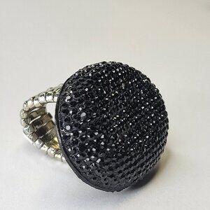 BLACK Glitter Fashion Ring Oval Large Rhinestone Sparkly Bling Stretch Band Ring